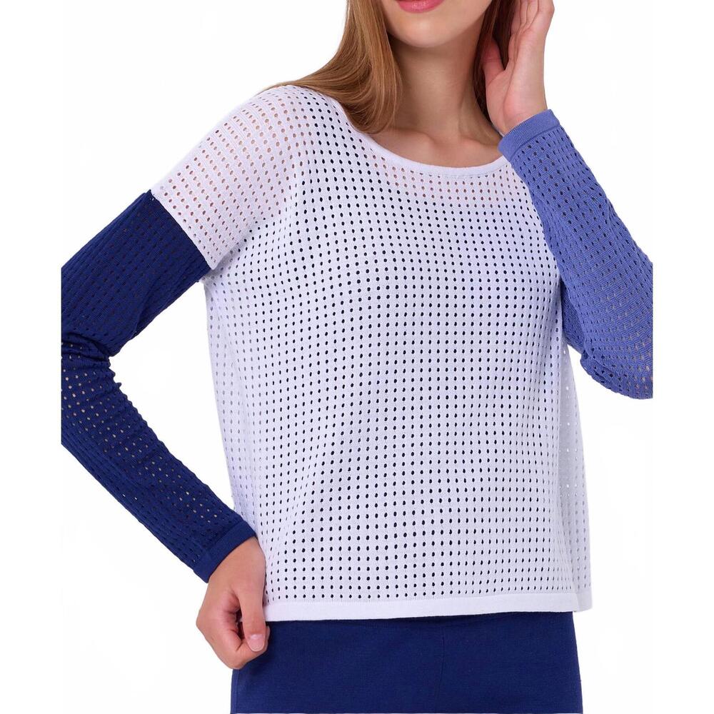 NEW FRENCH KYSS crew neck flower crochet top in white/multi